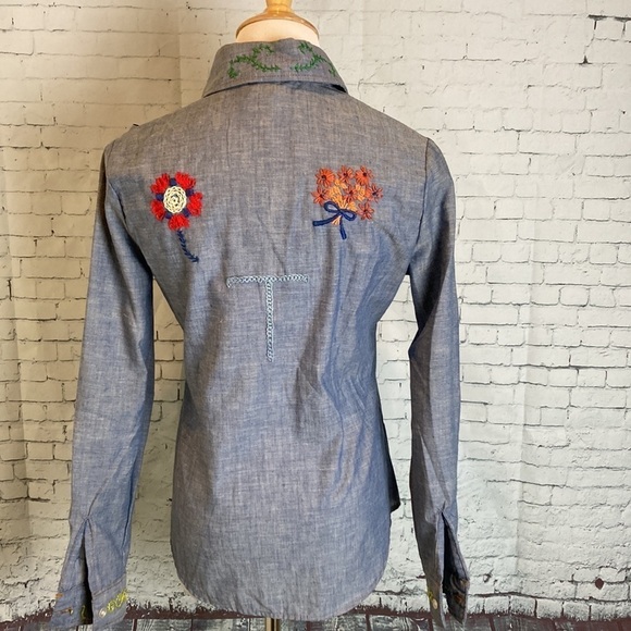 Levi’s Embroidered Chambray Shirt Vintage 70s S Hippie Western Cowboy Rockabilly - Picture 9 of 16